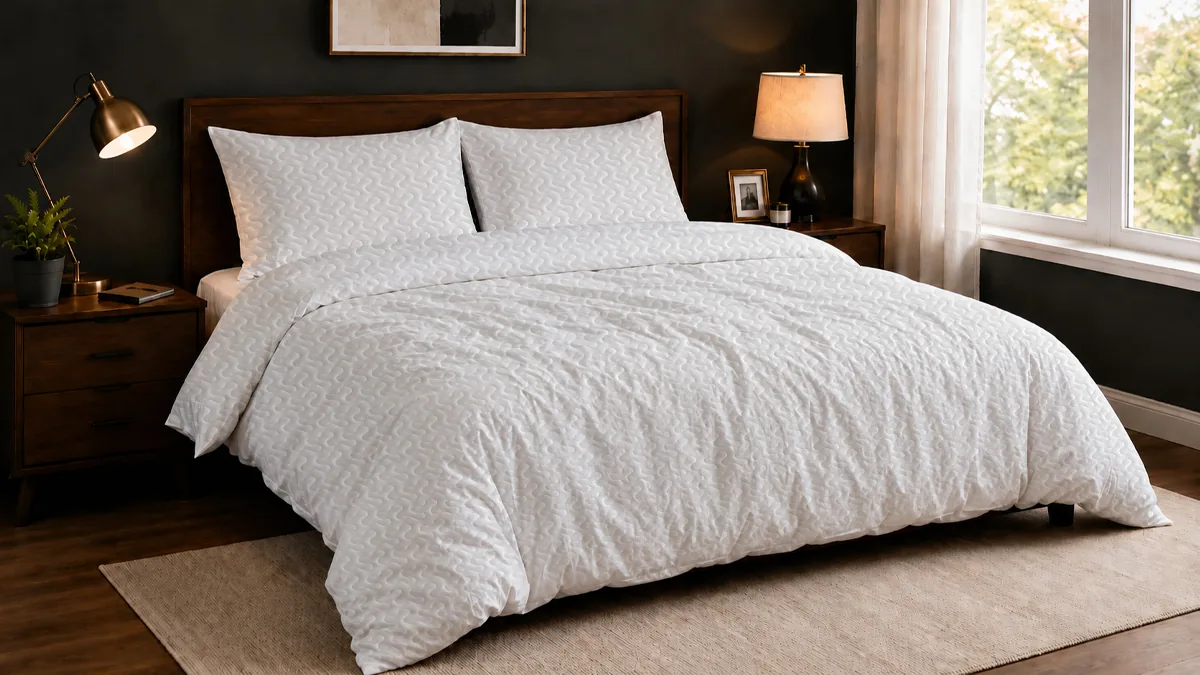 Before: the same bedroom with plain white textured bedding