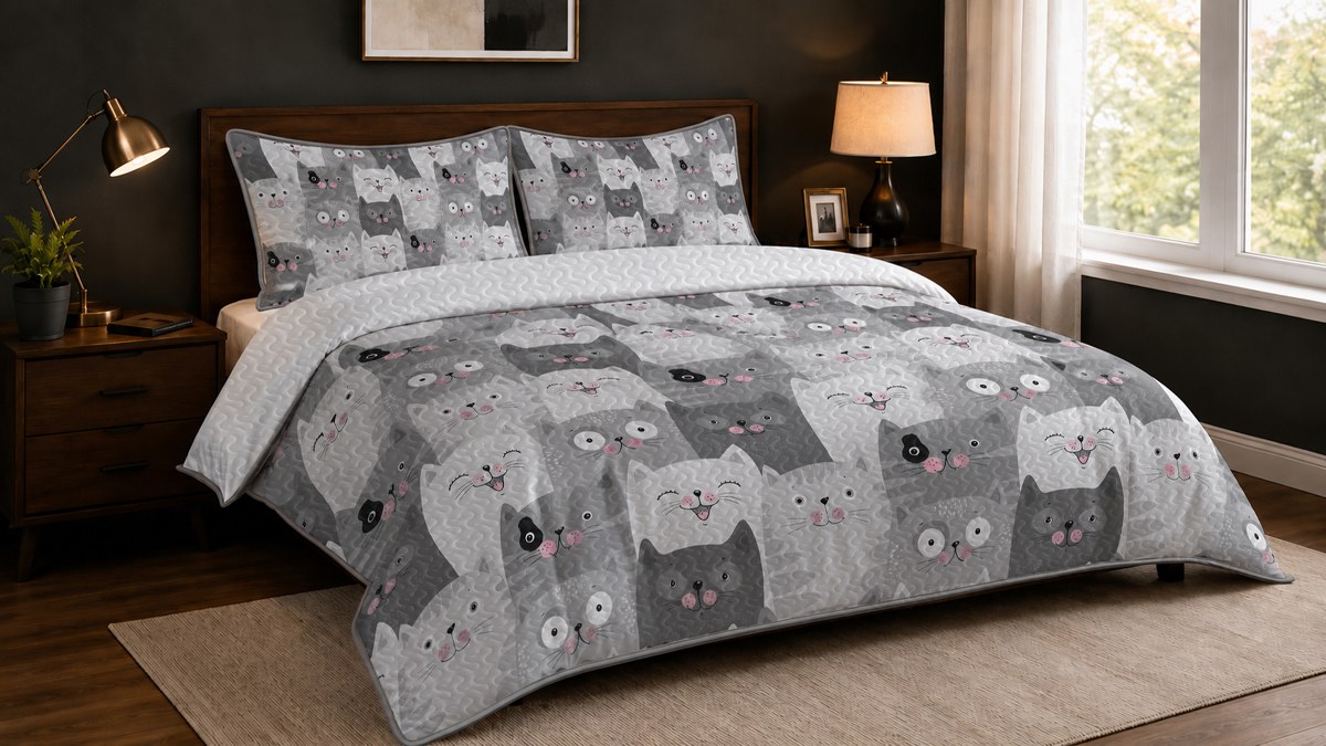 After: bedroom transformed with the gray cat comforter set