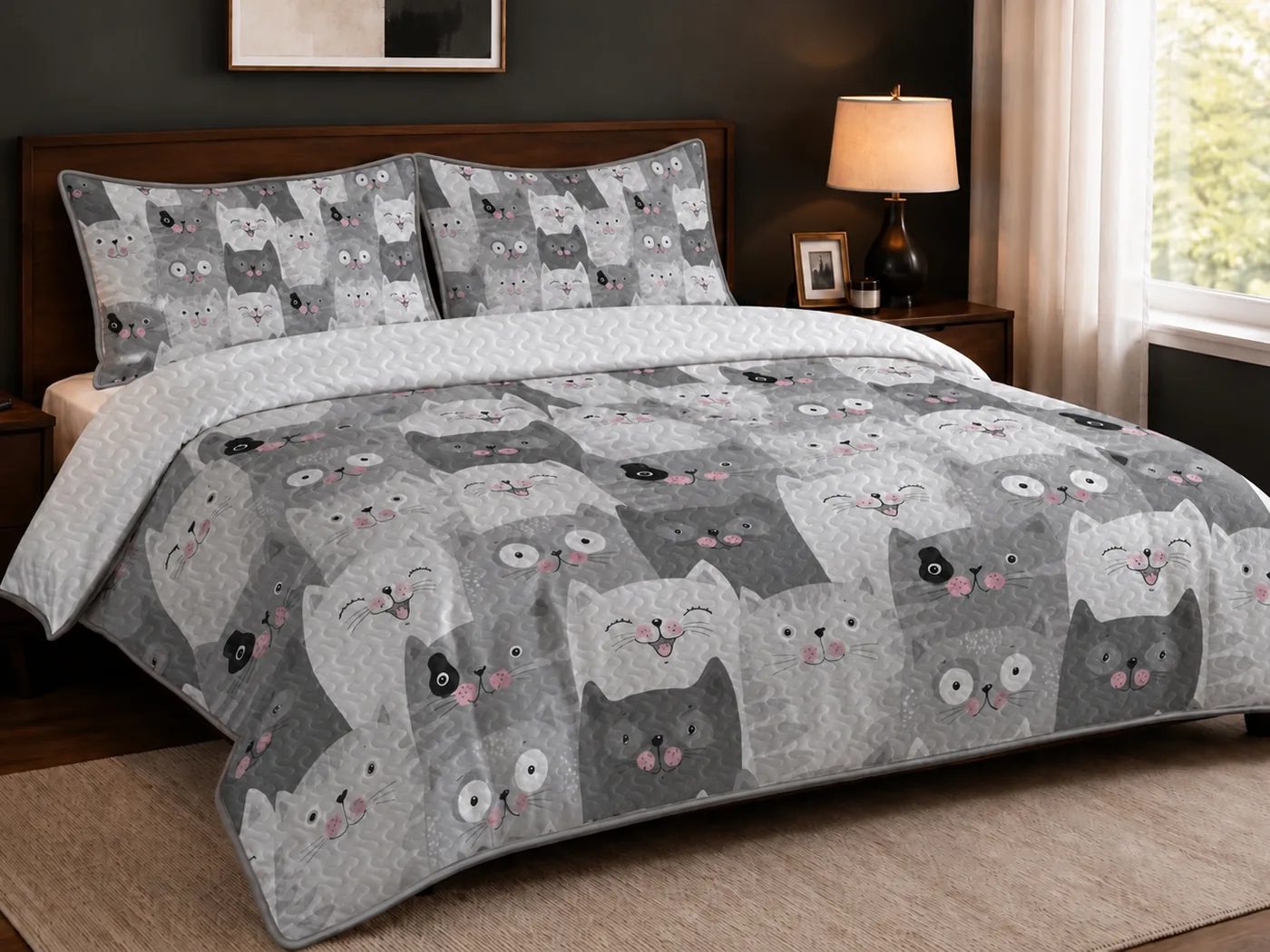 After: bedroom beautifully styled with the PawMoM cat quilt set on the bed, cozy warm-toned room
