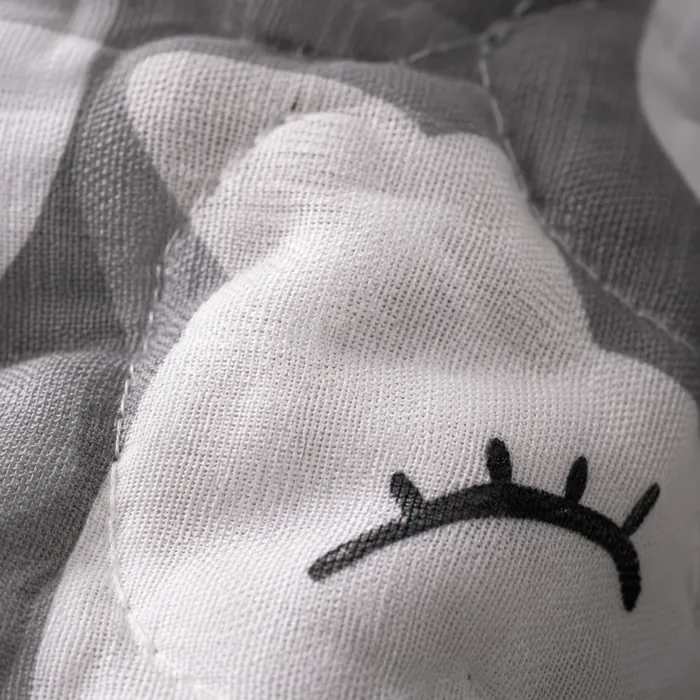 Macro view of the fabric weave and printed cat face detail