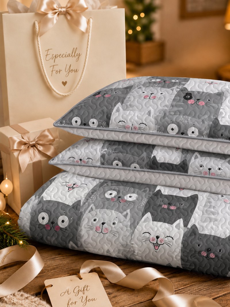 Gift scene showing cat bedding set as a present for cat lovers