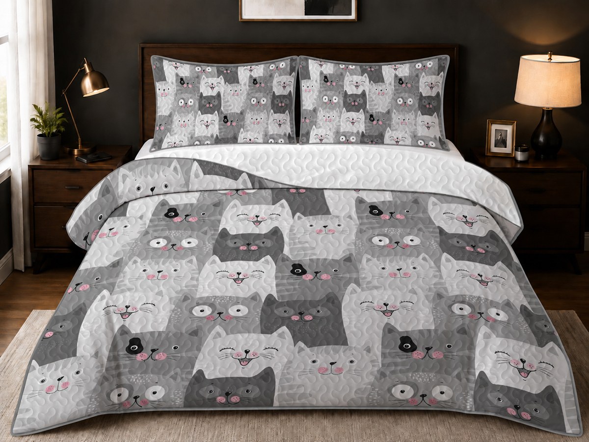 Folk art cat comforter set styled on a cozy bed with playful cat artwork and soft quilted microfiber texture