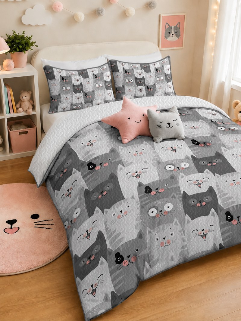 Kids bedroom scene styled with a playful cat comforter set