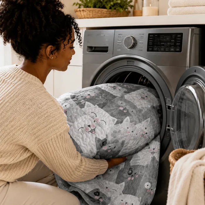 PawMoM quilt being loaded into a washing machine