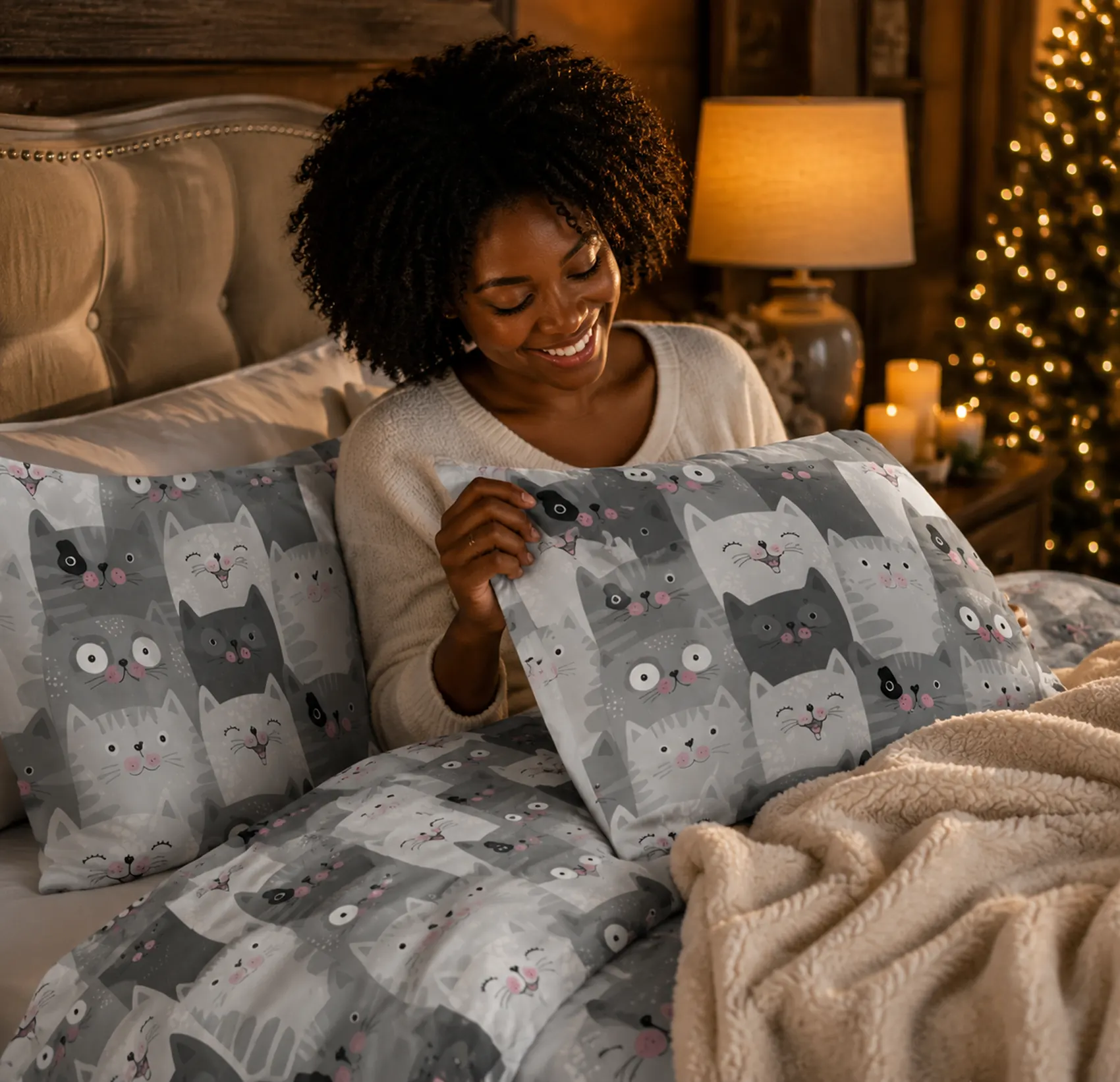 Cat mom relaxing in bed with the PawMoM cat-print quilt, matching pillow shams and a plush sherpa throw, warm lamplight and twinkling lights in the background