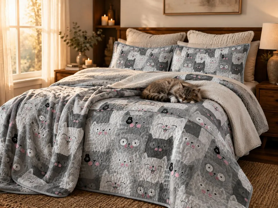 Cozy sunlit bedroom styled with the PawMoM grey cat quilt set, matching shams, and plush sherpa throw, with a cat napping contentedly on the bed