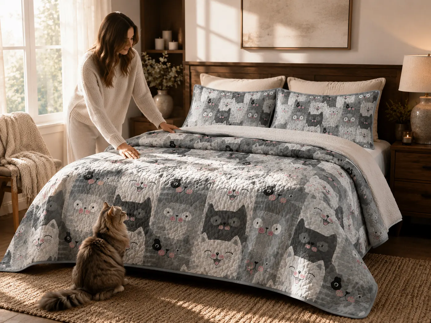 A cat mom smoothing the PawMoM quilt into place while her cat watches from the rug beside the bed