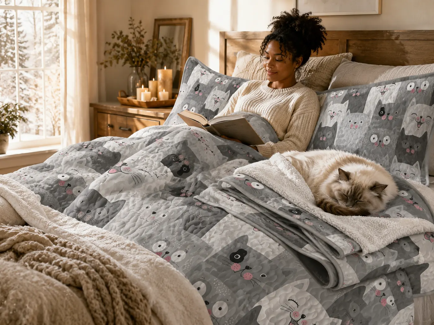 The complete PawMoM set in use: quilt and both matching pillow shams on the bed, with a cat cuddled up while reading